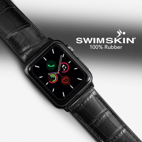 Каучуковый ремешок для Apple Watch 45 мм. (Серебряные коннекторы). Цвет: SwimSkin® Alligator: Jet Black Alligator